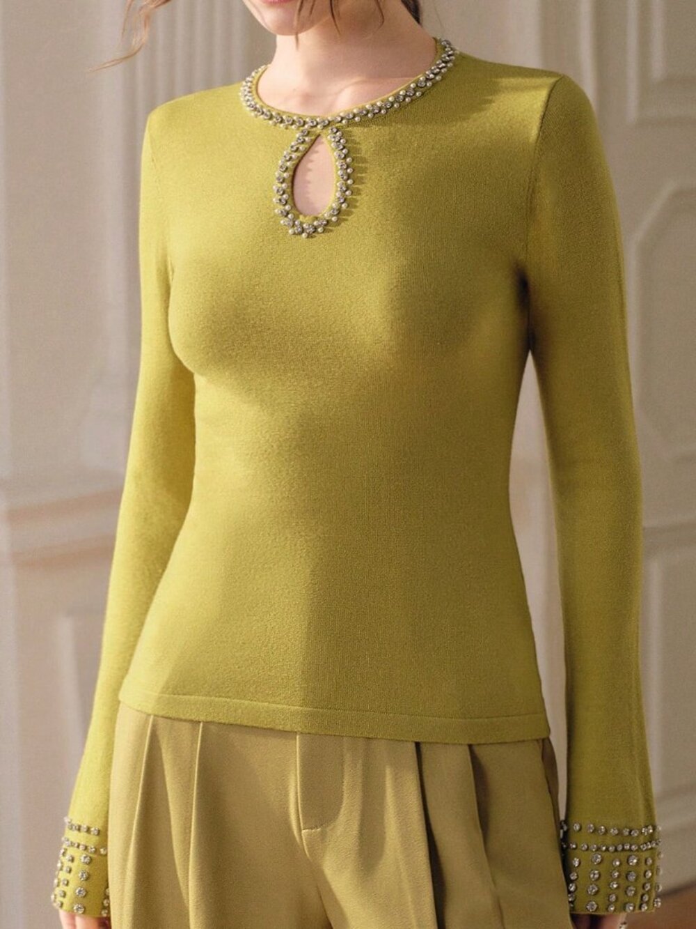 Olive Green Casual Women's Crew Neck Keyhole Fitted Knit Long Sleeve Sweater - Picture 7 of 8